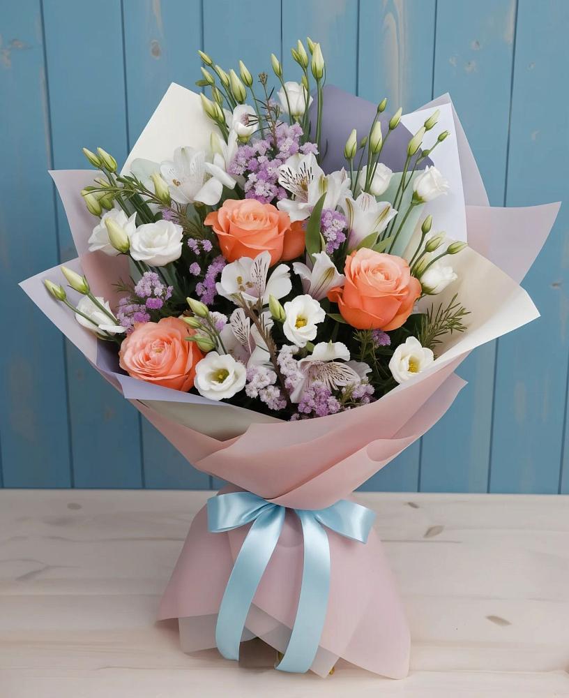Букет цветов из: Лизиантусы, Розы, Альстромерии и Гипсофила в Данково