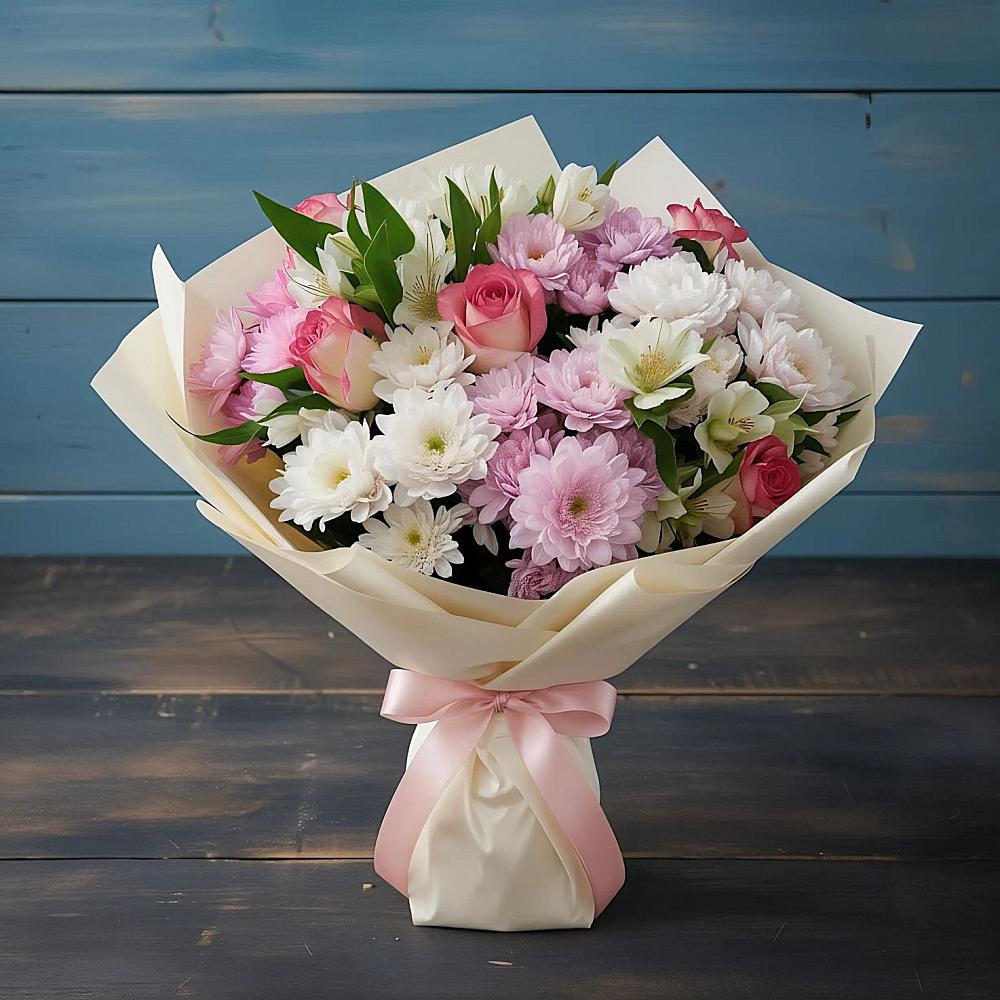 Букет цветов из: Хризантемы, Альстромерии и Розы в Данково